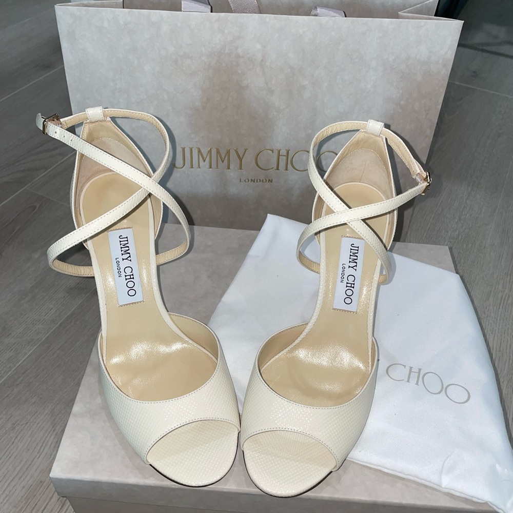 JIMMY CHOO Emsy Peep-Toe Embossed Leather Sandals!